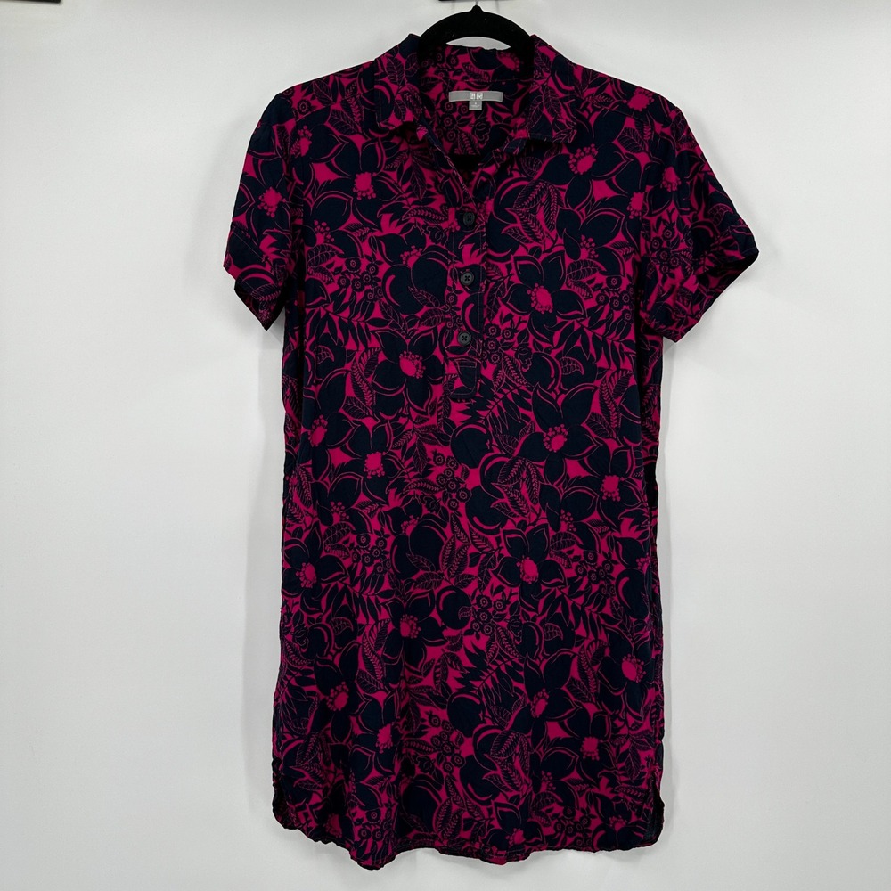 Uniqlo Women Pink Floral Rayon Short Sleeve Shift Dress Size Small Pockets Retro